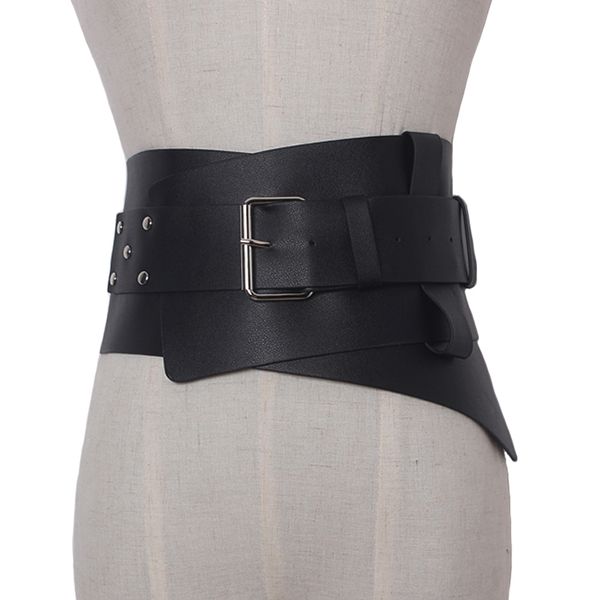new women ultra plus wide belt accessories faux leather elastic corset belt front metal buckle waist belt girl clothe decoration q1112, Black;brown